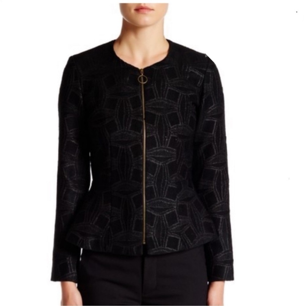 Amanda Uprichard Peplum Style Zip Up Jacket Black Gold Metallic Details Size M